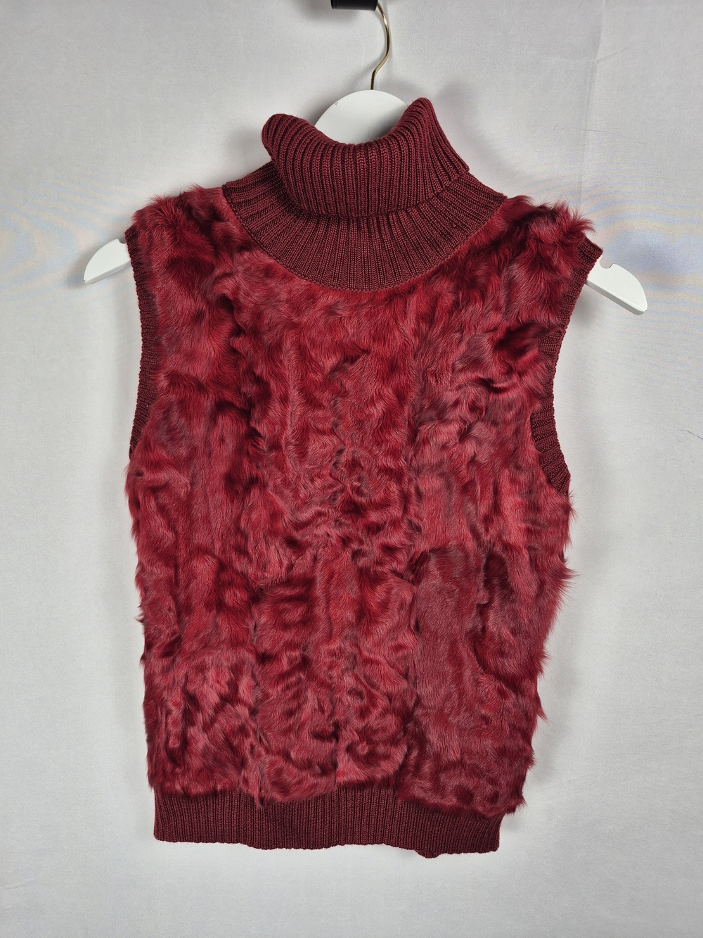 BCBGMaxAzria Burgundy Wool & Goat Fur Sleeveless Turtleneck Vest Size L